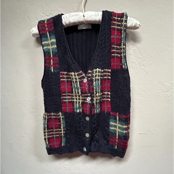 Vintage Precis Petite Small Black/Red Plaid Cable-Knit V-Neck Sweater Vest Wool - Picture 1 of 9